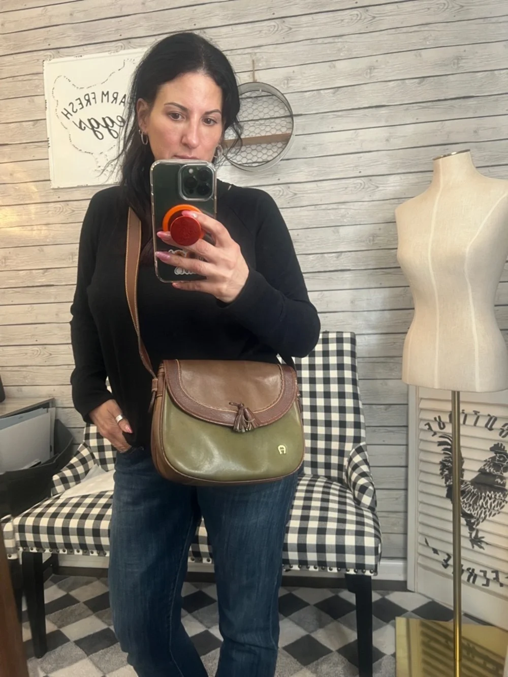 Etienne Aigner Olive and Brown Leather-Trim Crossbody Saddle Bag